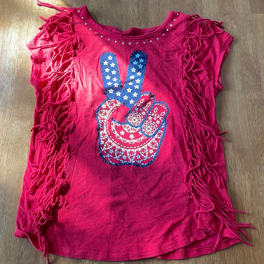 Justice peace 🇺🇸 red,white & blue, soft fringe t-shirt sparkly embellishments.
